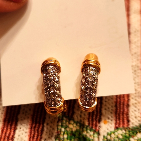 Clip On Gold toned pave crystal hoops - Picture 4 of 7